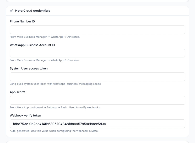 Paste Phone Number ID WhatsApp Business Account ID System User access token and App secret in the Meta Cloud credentials section