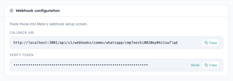 School WhatsApp detail page showing the Webhook configuration card with Webhook URL and Verify token