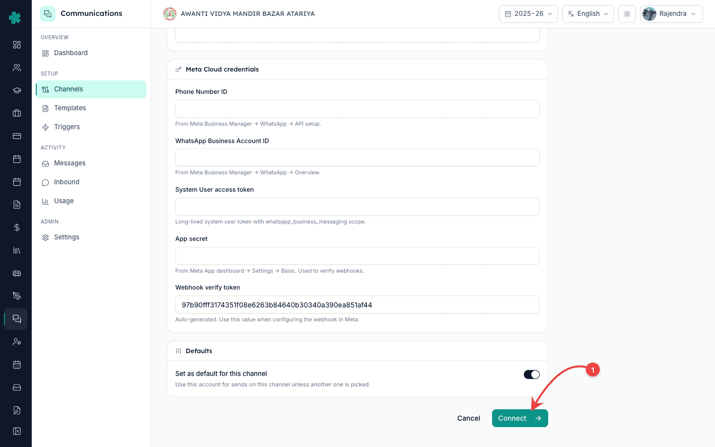 Toggle Set as default for this channel and click Connect at the bottom of the WhatsApp setup form