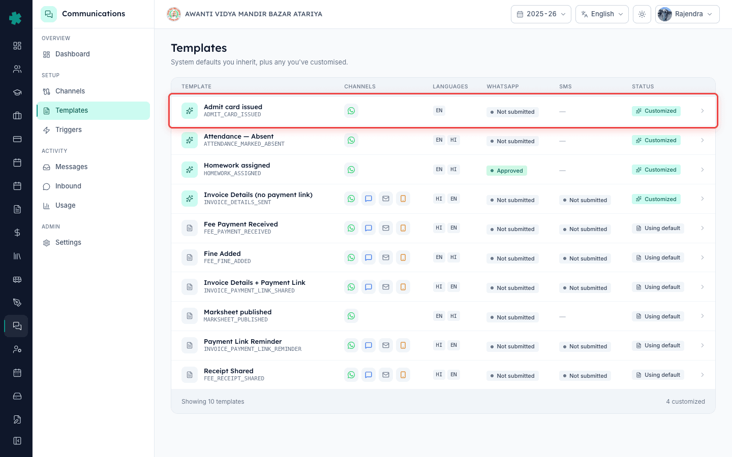 Customized badge replaces Using default on the Inkwelly Templates list after a successful save
