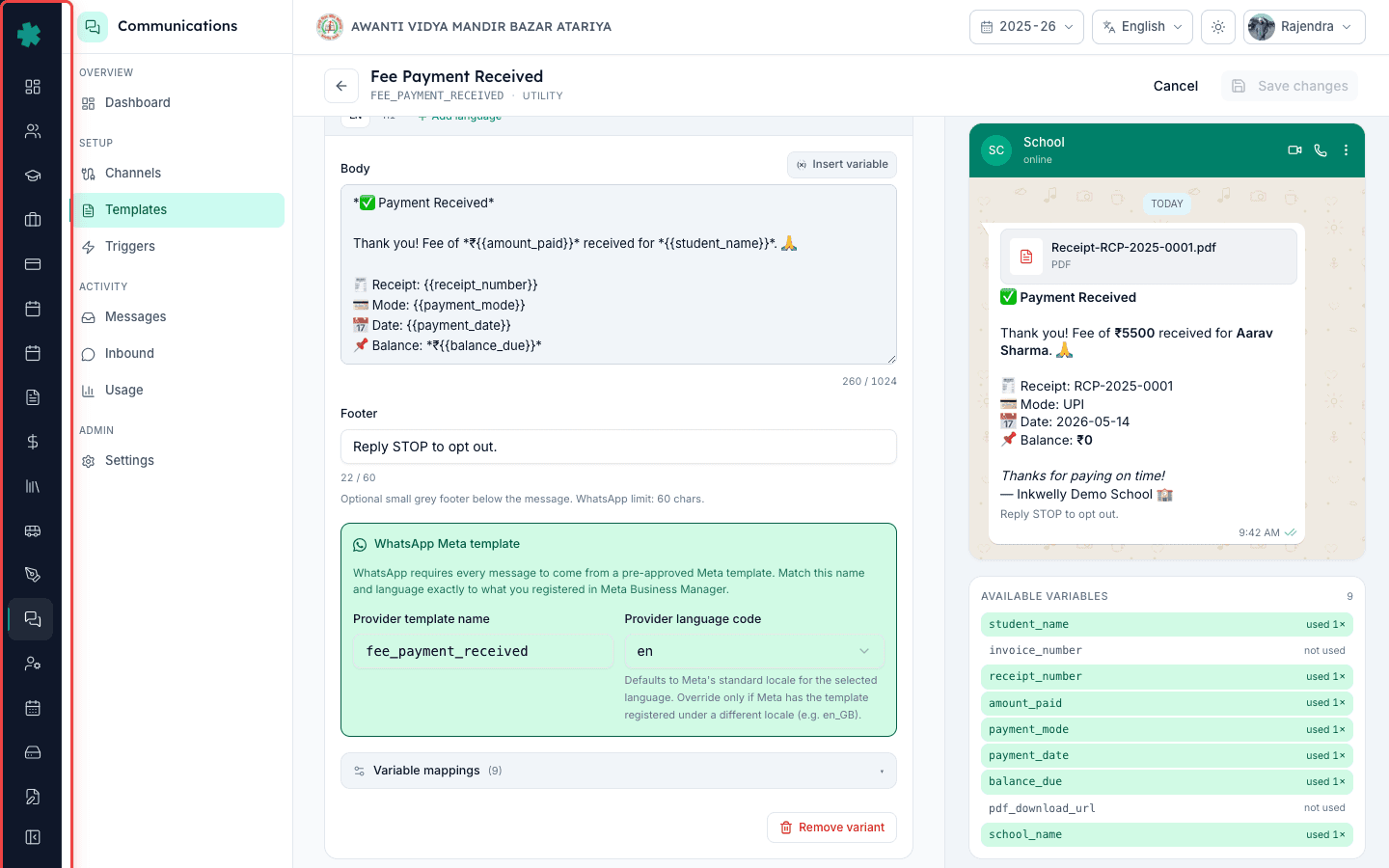 Live preview pane in Inkwelly showing how the customised parent notification will read on WhatsApp