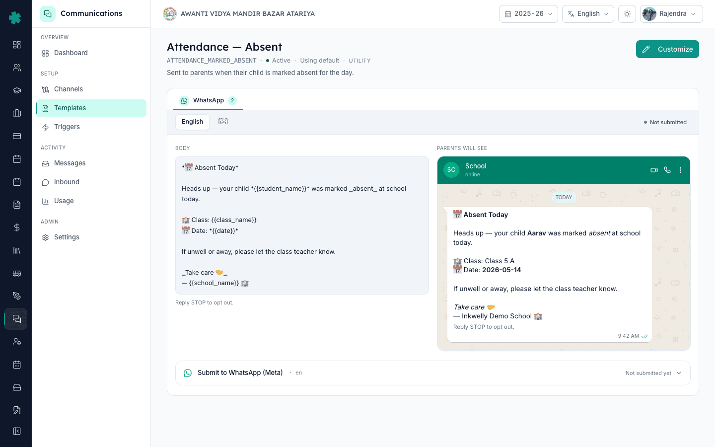 Template detail page in Inkwelly with WhatsApp, SMS and Email channel tabs at the top