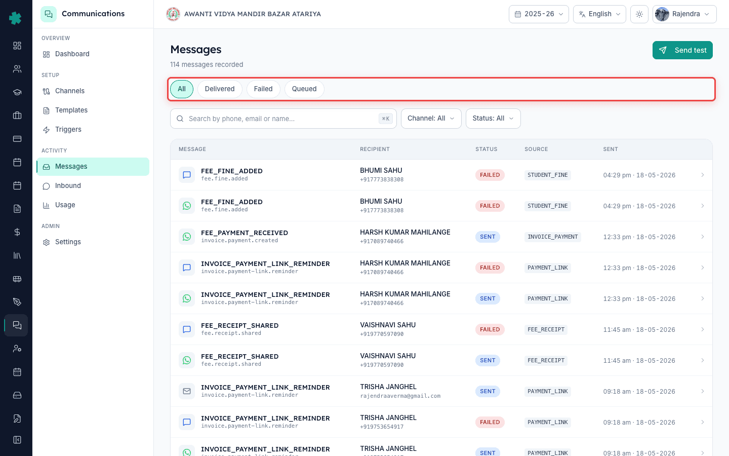 Open Communications Messages log to see every dispatch attempt across WhatsApp, SMS, Email and Push channels
