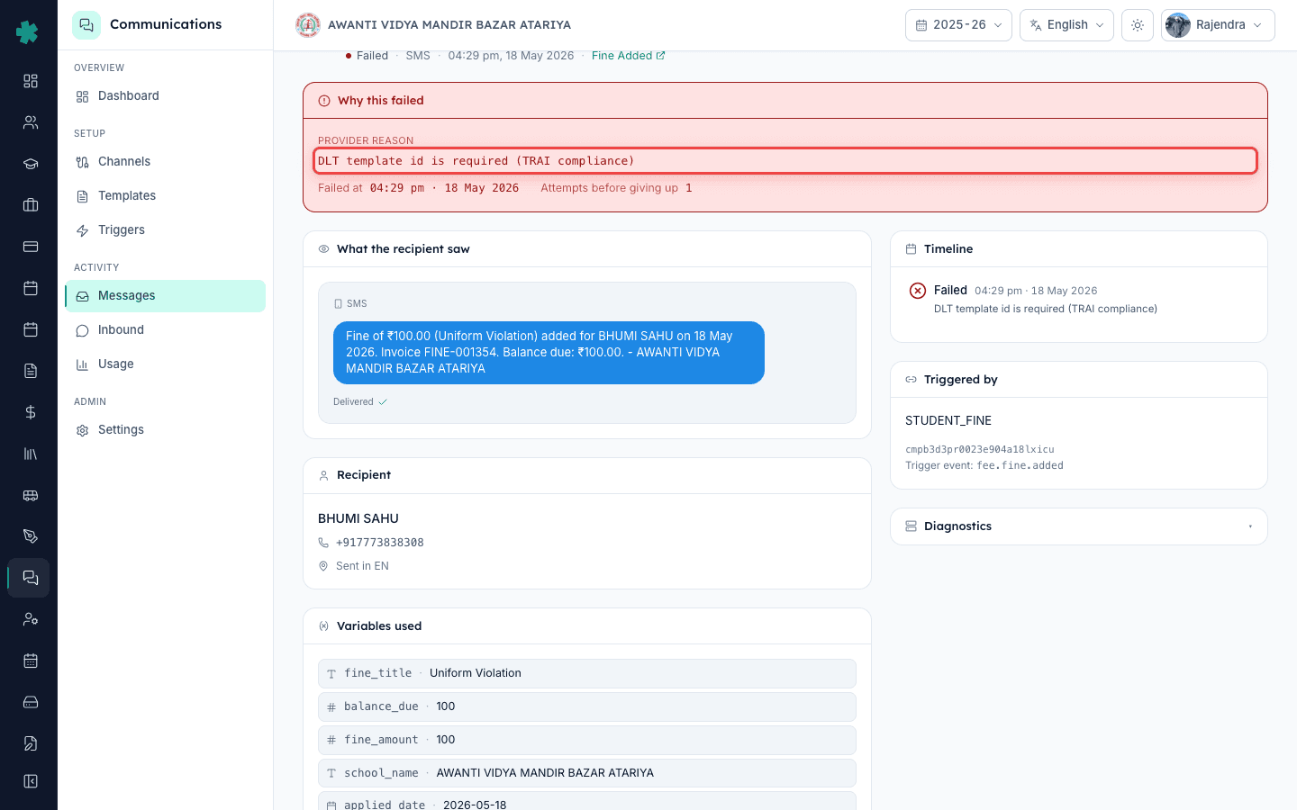 Read the SMS provider error code on a different Failed message to confirm the same diagnosis pattern works on every channel