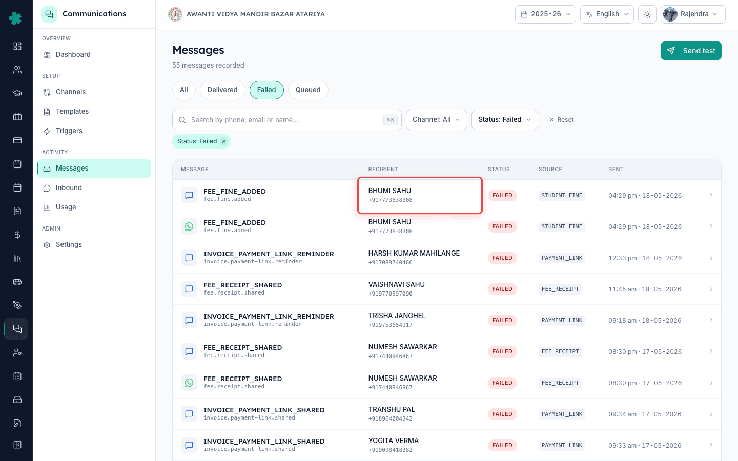Scan the recipient column on a Failed row to find the parent who complained about a missing message
