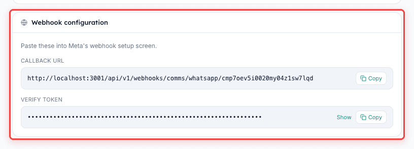 Provider webhook URL card on the channel detail page that you copy into Meta Business Manager or MSG91