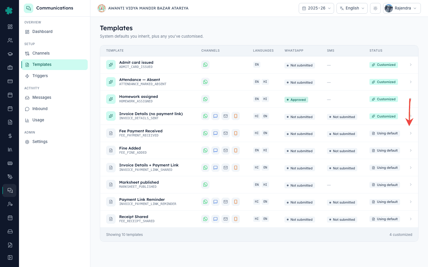 Click the row of the template you want to ship under your own Meta account on Inkwelly Templates list