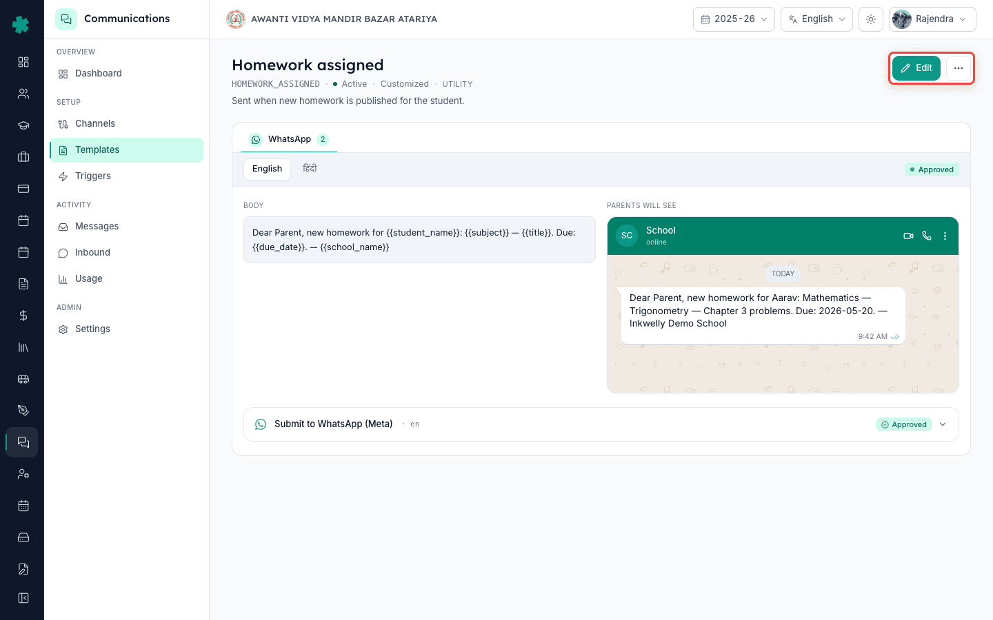 Confirm the Submit to Meta dialog with Language and WhatsApp account pickers and click Submit in Inkwelly