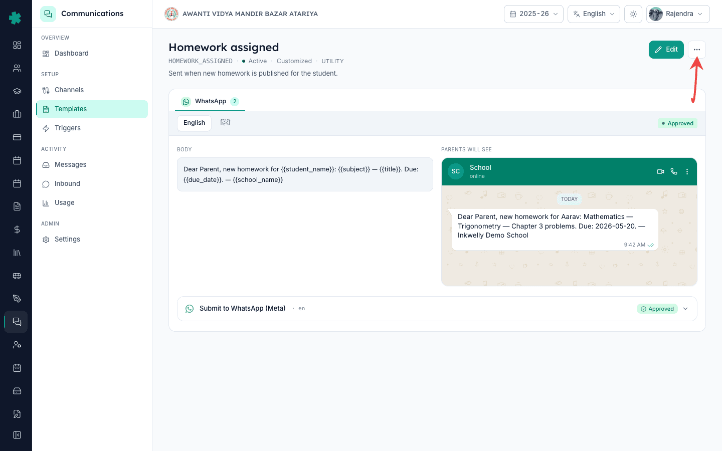 Open the kebab menu on a customised template detail header and pick Submit to Meta inside Inkwelly