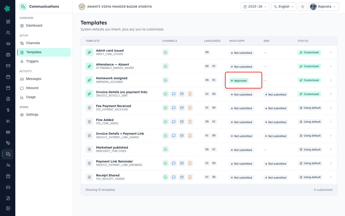 WhatsApp approval status pill flips to APPROVED on the Inkwelly Communications Templates row