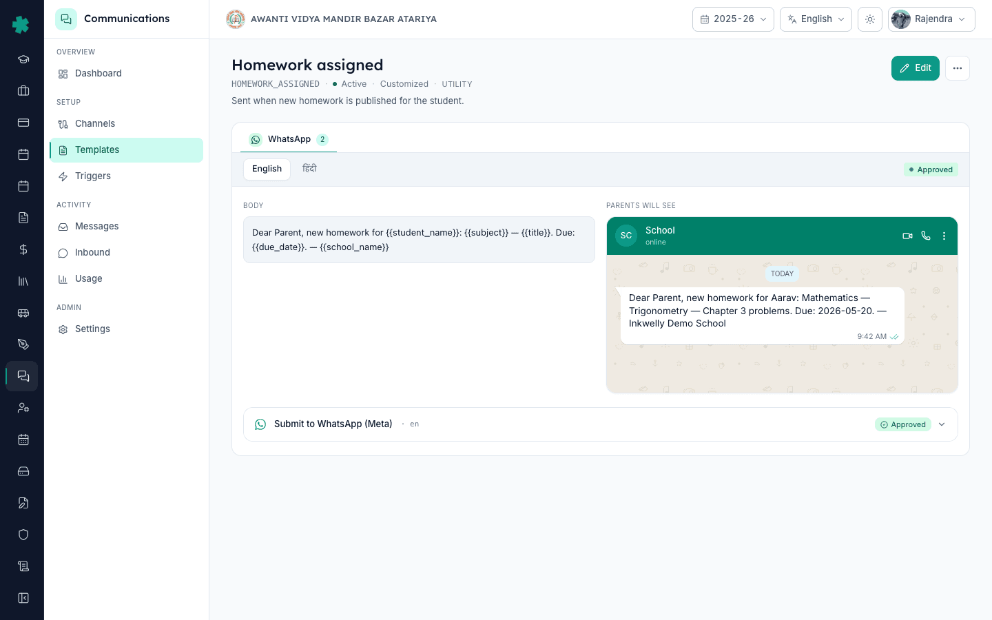 Template detail page with WhatsApp, SMS, Email and Push channel tabs and language variants on Inkwelly