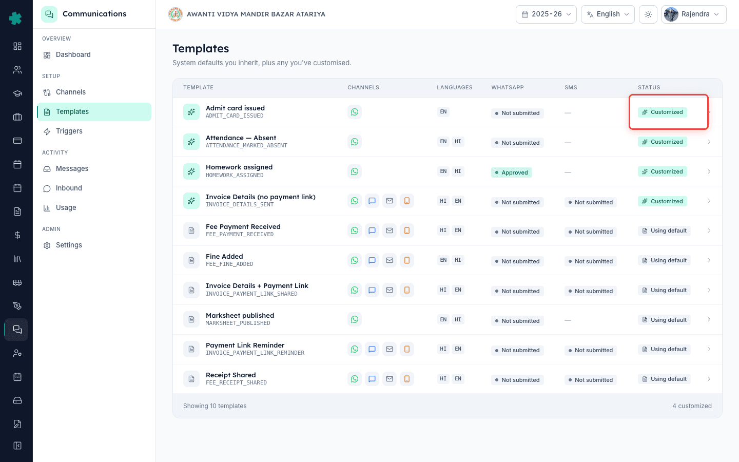 Templates list with the Customized badge highlighted in the Status column on Inkwelly