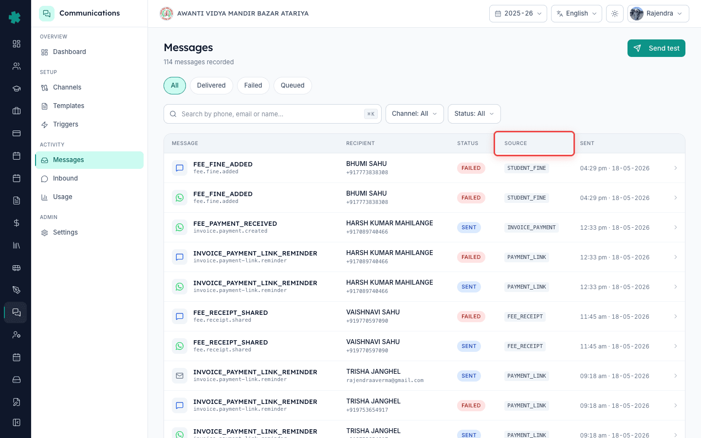 Each row shows the Source column with the trigger like PAYMENT_LINK that groups sends per fee invoice