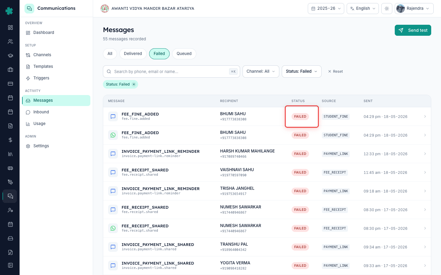 Filter the Messages log by Failed status to surface invoice sends that did not reach the parent