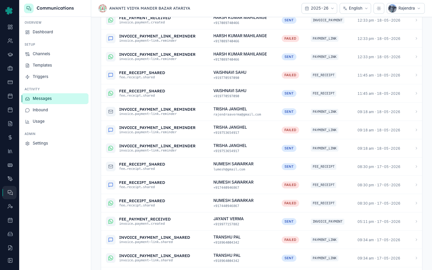 Scroll the Messages table to review every send and its delivery pill as a chronological audit trail