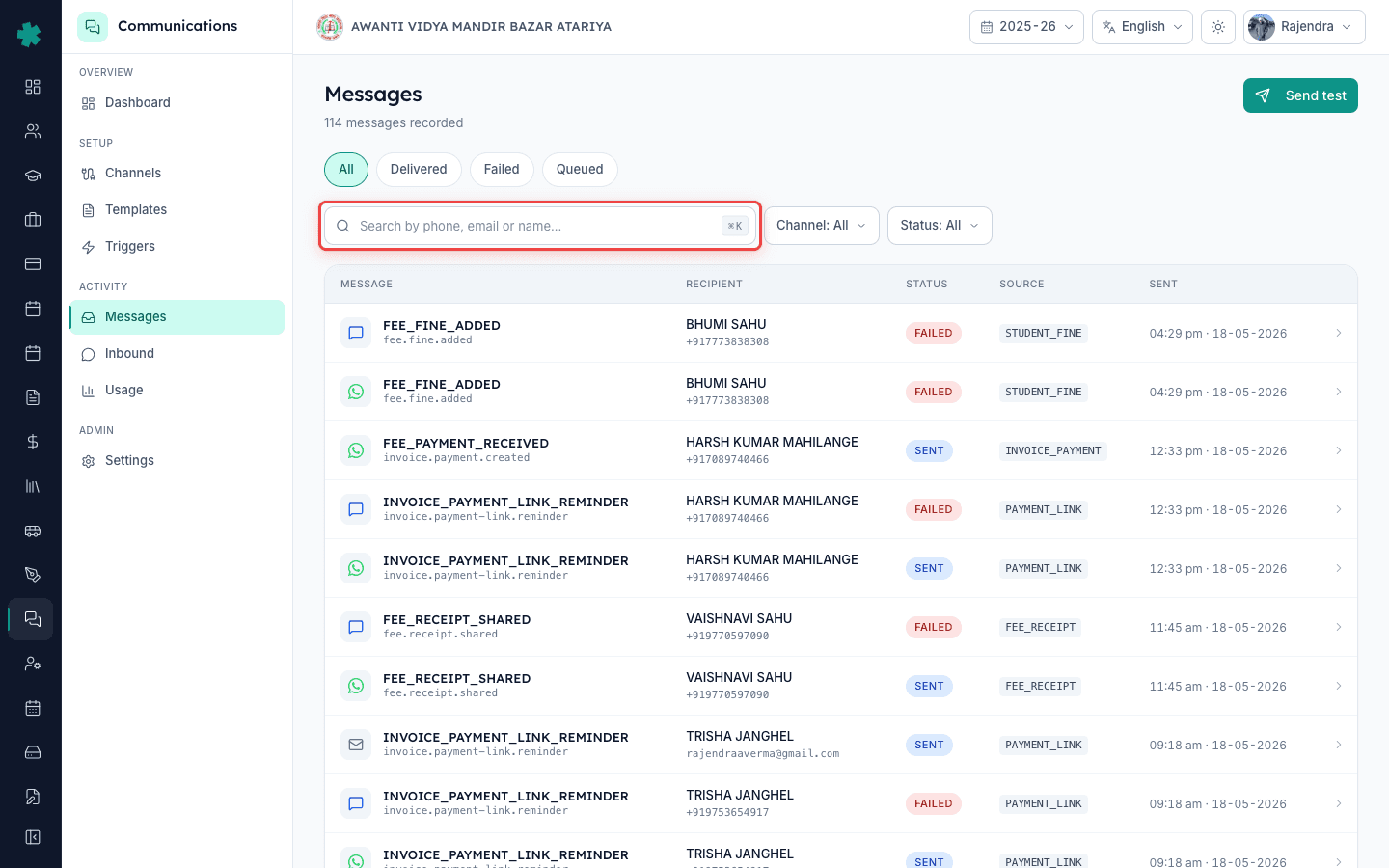 Search Messages log by recipient phone number or address to locate sends for one parent and invoice
