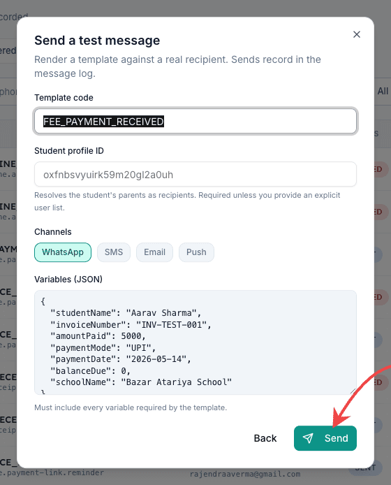 Click Send at the bottom right of the Send a test message dialog to dispatch the test message in Inkwelly
