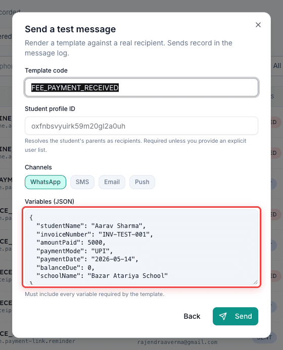 Edit the Variables JSON field in the Send a test message dialog in Inkwelly