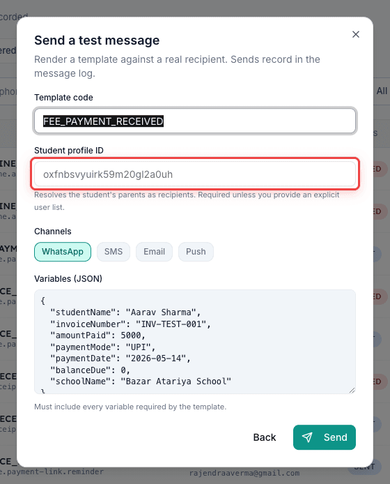 Paste a Student profile ID in the Send a test message dialog in Inkwelly