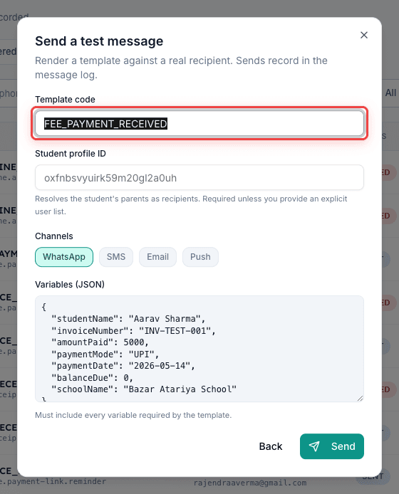 Type the template code in the Send a test message dialog in Inkwelly