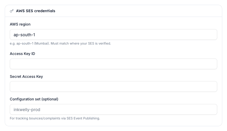 Paste the IAM Access Key ID and Secret Access Key for an SES SendRawEmail user in the credentials section