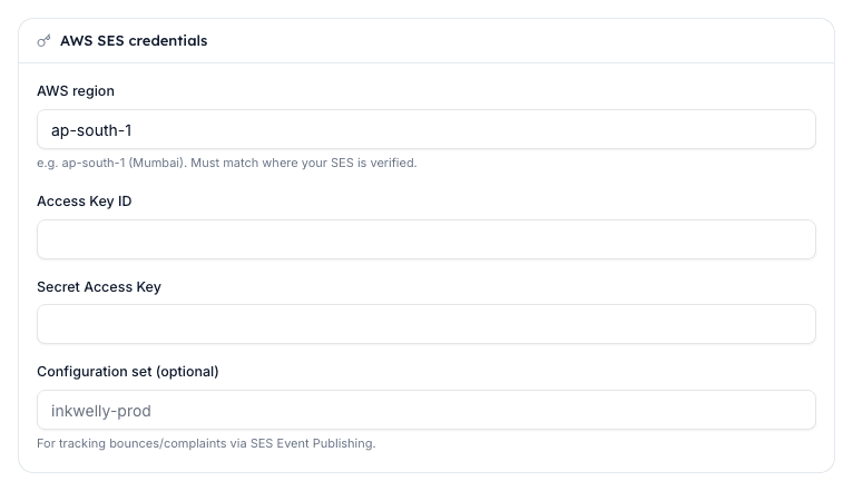Paste the IAM Access Key ID and Secret Access Key for an SES SendRawEmail user in the credentials section