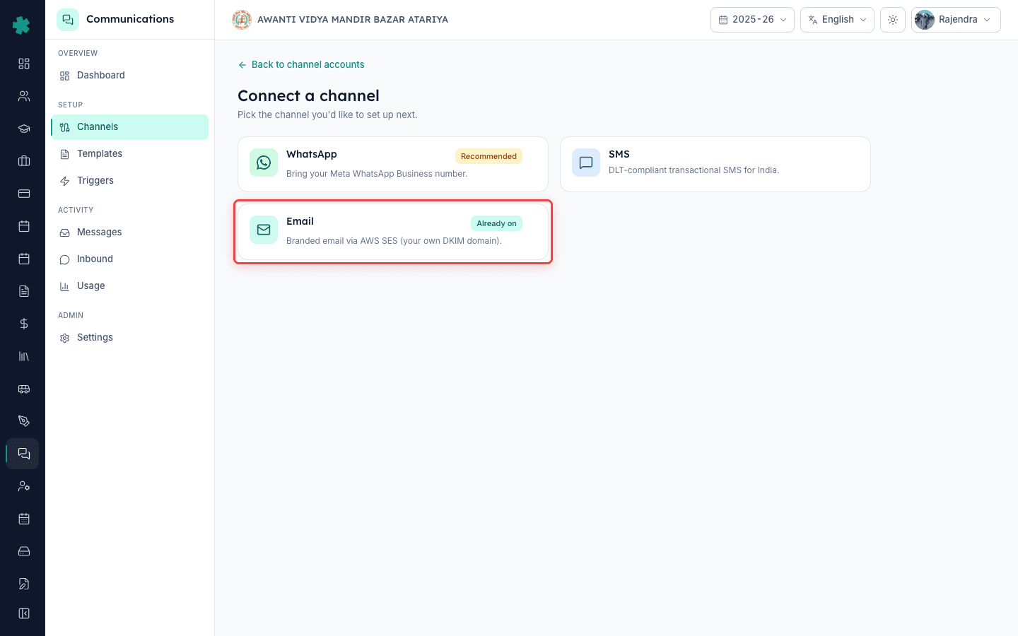 Pick Email from the Connect a channel picker on Inkwelly