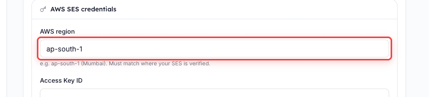 Set the AWS region to match where your SES domain was verified — default is ap-south-1 Mumbai