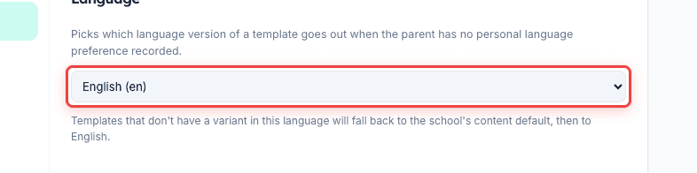 Communications Settings Language picker on Inkwelly with the school default language dropdown