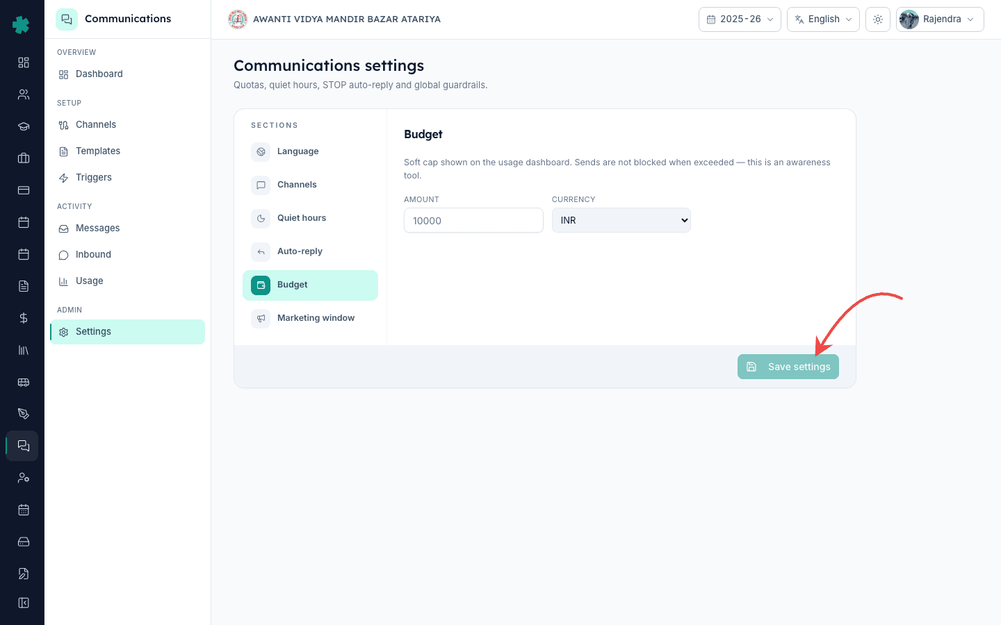 Click the Save settings button at the bottom right of the Communications settings page