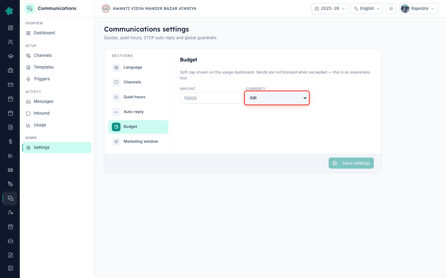 Leave the Currency dropdown on INR for every Indian school using Inkwelly Communications