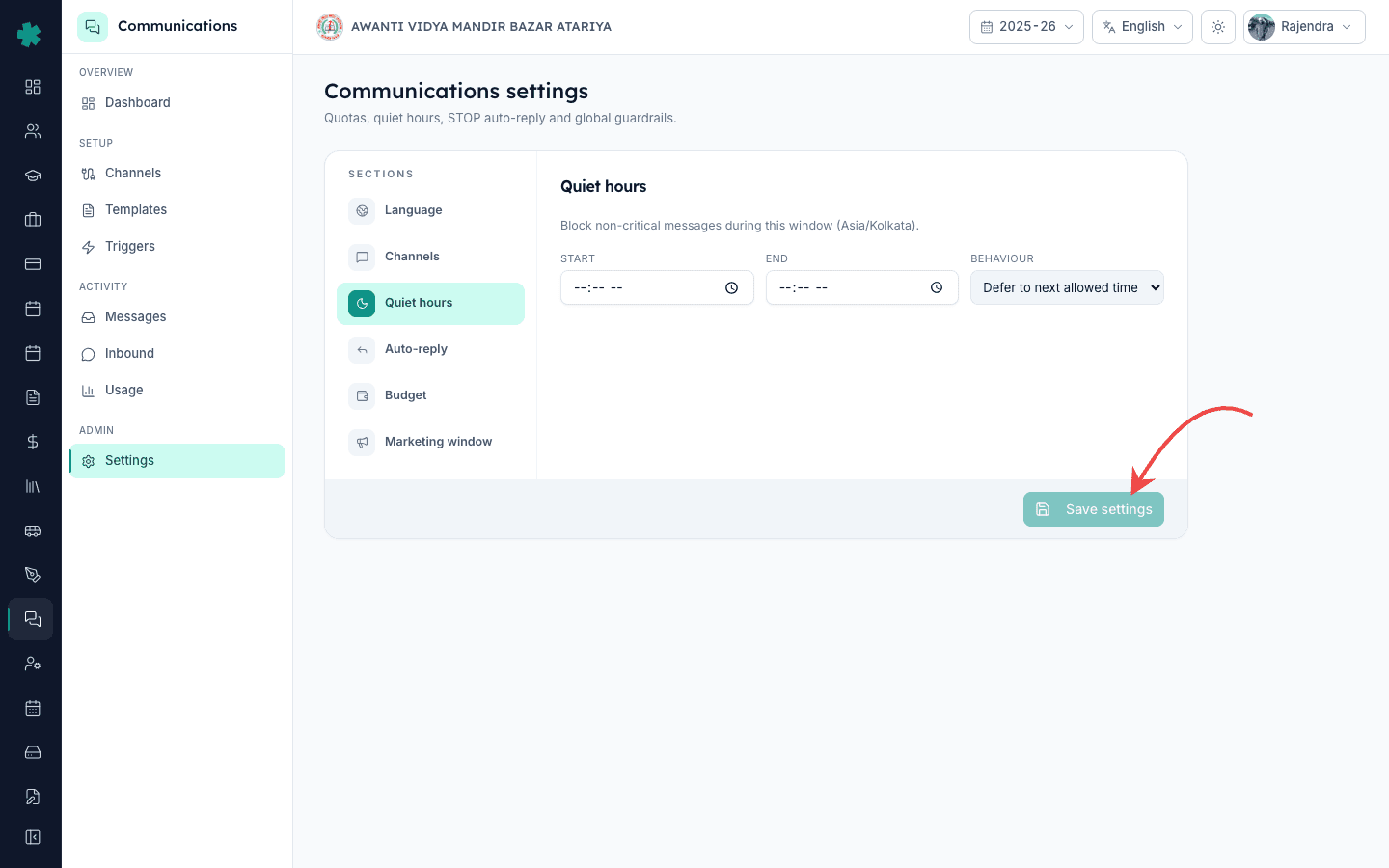 Click Save settings at the bottom to apply the new quiet hours window school-wide