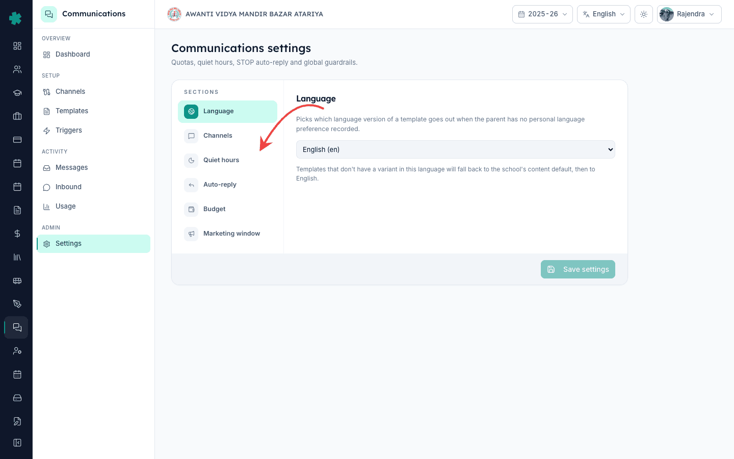 Click the Quiet hours item in the Sections sidebar to reveal start and end time inputs