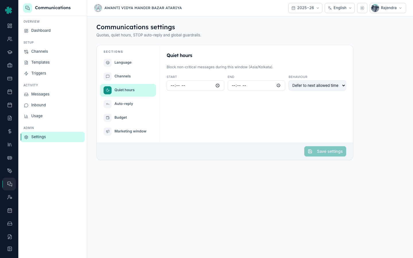 Inkwelly Communications Settings page open on the Quiet hours section with start and end time inputs