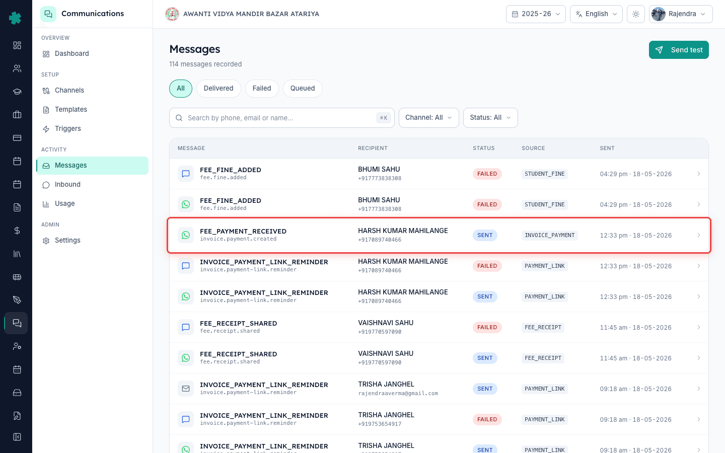 Verify urgent fee receipts and payment link receipts still deliver inside the quiet window