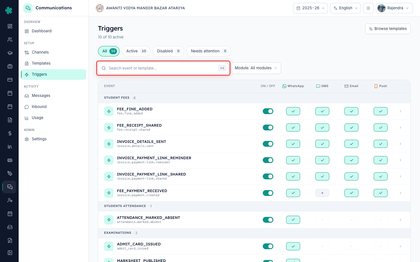 Use the filter bar to find the event row you want to turn off on the Inkwelly Triggers page