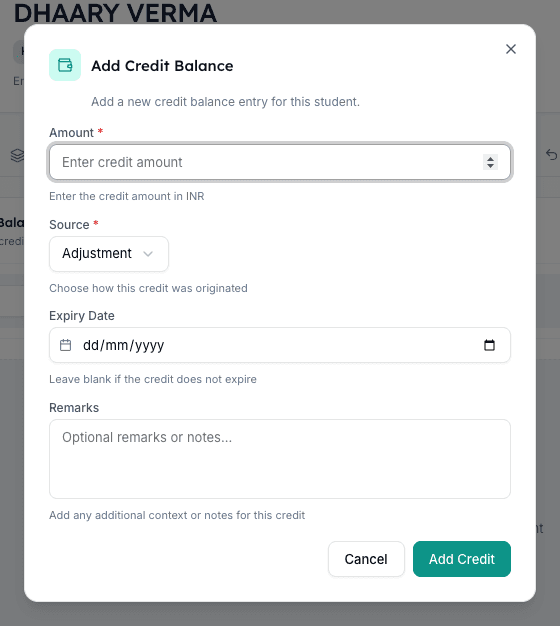 Inkwelly Add Credit Balance dialog with Amount, Source, Expiry Date and Remarks fields