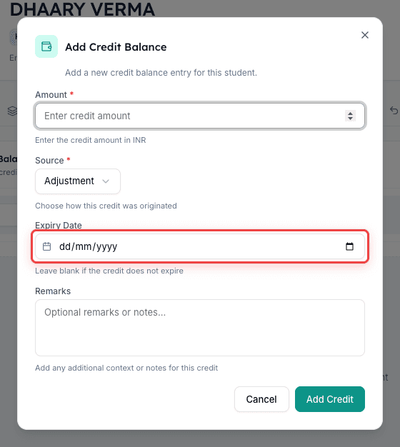 Inkwelly Add Credit Balance dialog with the Expiry Date field highlighted next to the Remarks textarea
