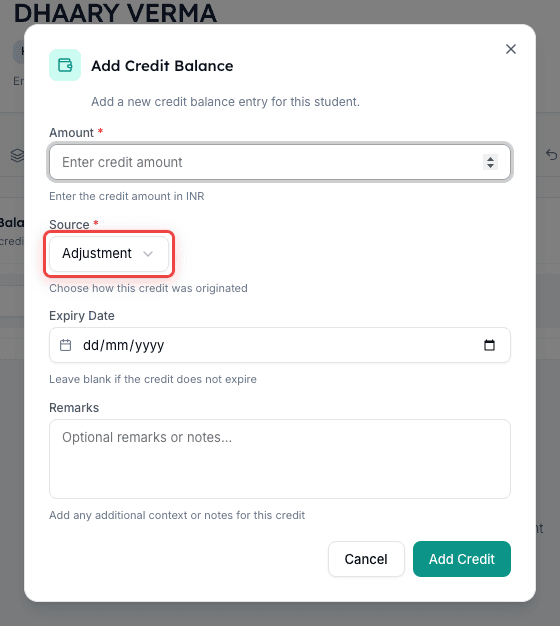 Inkwelly Add Credit Balance dialog with the Source dropdown highlighted showing Overpayment, Refund, Adjustment and Carried Forward