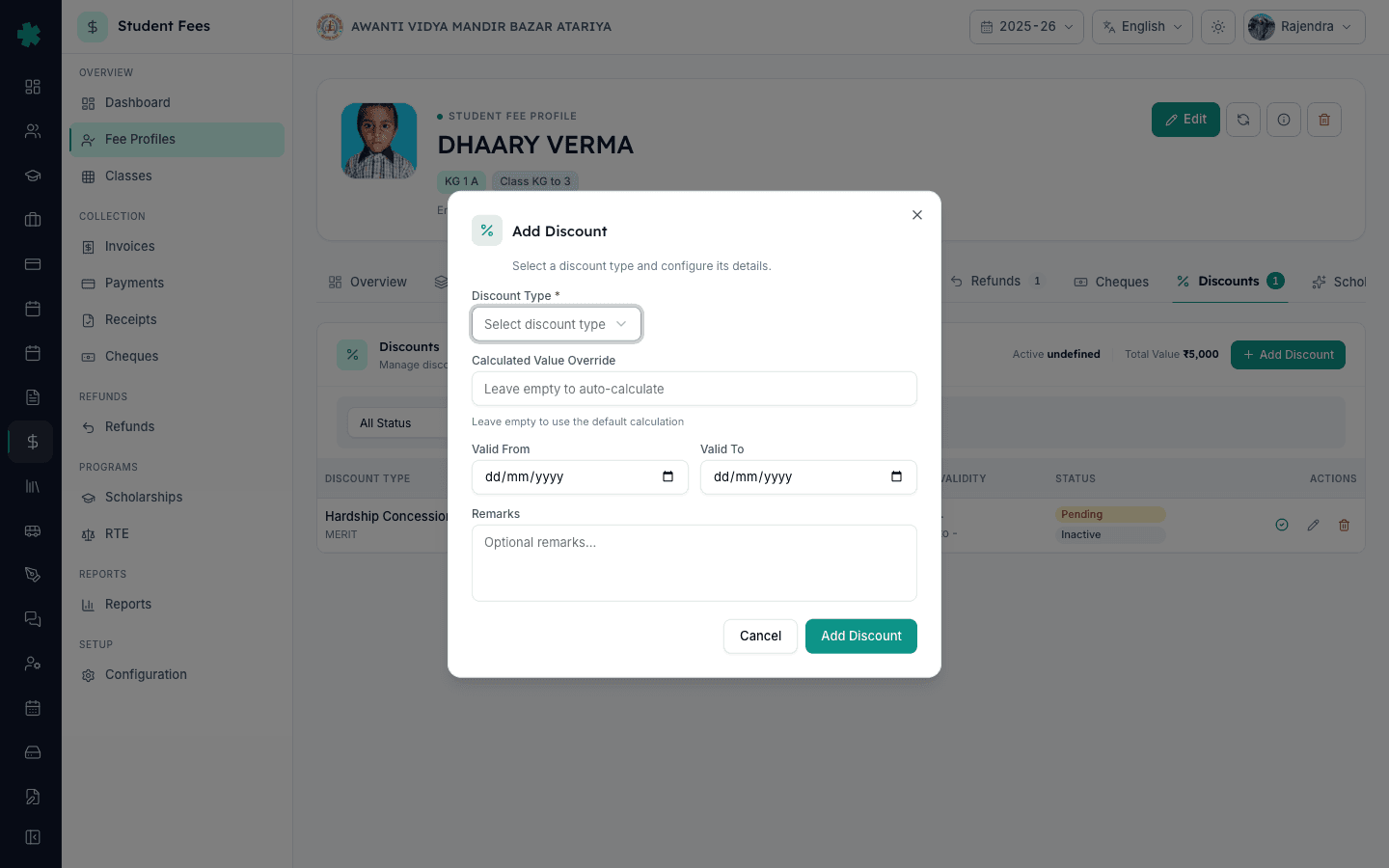 Add Discount dialog in Inkwelly showing the Discount Type picker, calculated value override and remarks fields