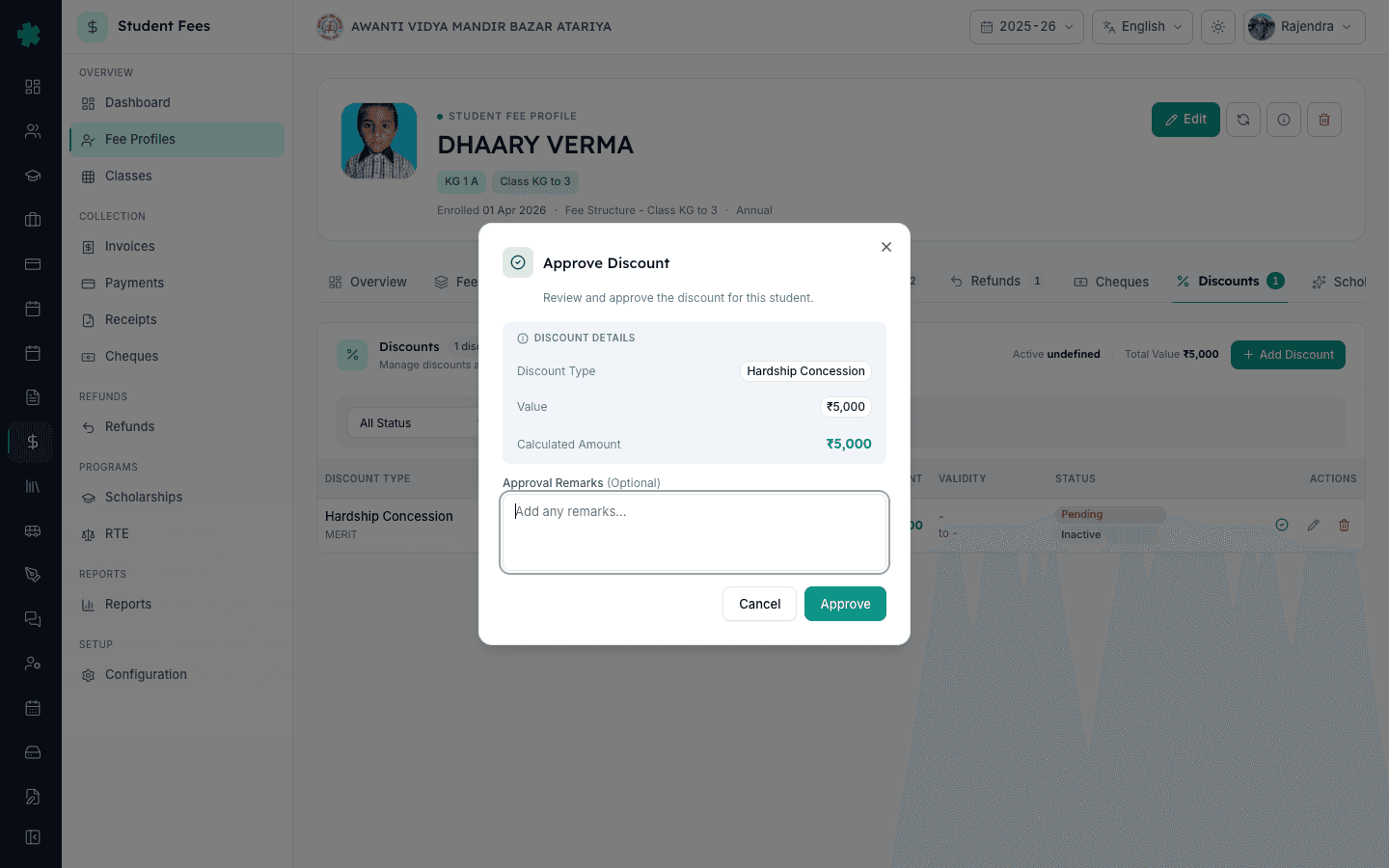 Approve Discount dialog in Inkwelly showing discount details, calculated amount and the approval remarks box