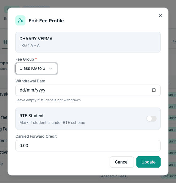 Edit Fee Profile dialog in Inkwelly with the Fee Group dropdown that controls which fee structure bills the student