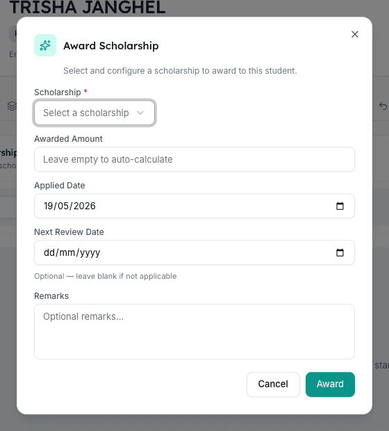 Award Scholarship dialog in Inkwelly with the Scholarship dropdown picker and Awarded Amount field