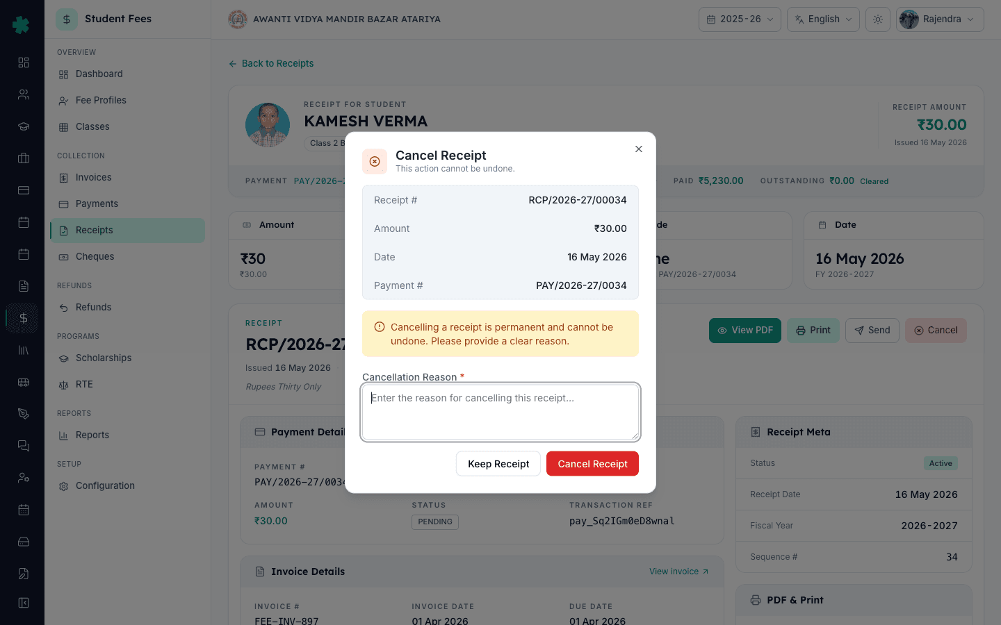 Inkwelly Cancel Receipt dialog showing the receipt summary, warning band and cancellation reason field