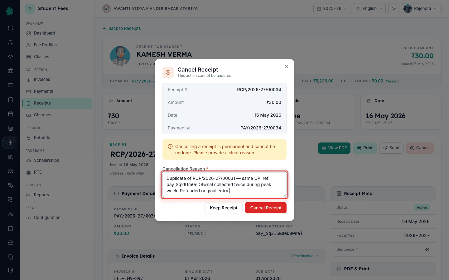 Inkwelly Cancel Receipt dialog with a clear cancellation reason typed into the textarea before confirming