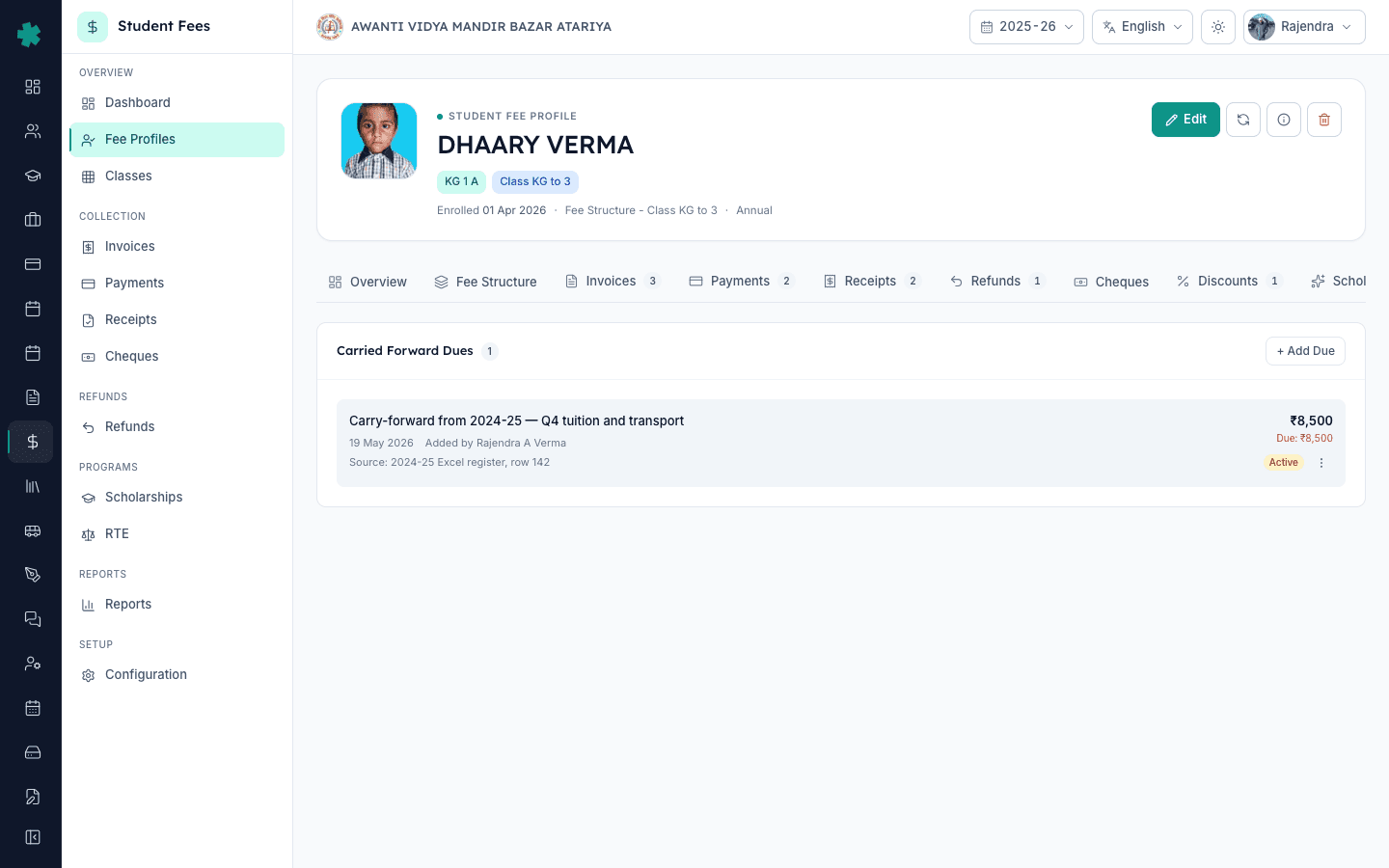 Carried Forward Dues page in Inkwelly listing an active entry with description, amount and Active status