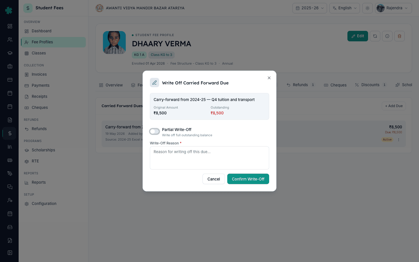 Write-Off dialog in Inkwelly with mandatory reason field and partial-write-off toggle for a carry-forward due