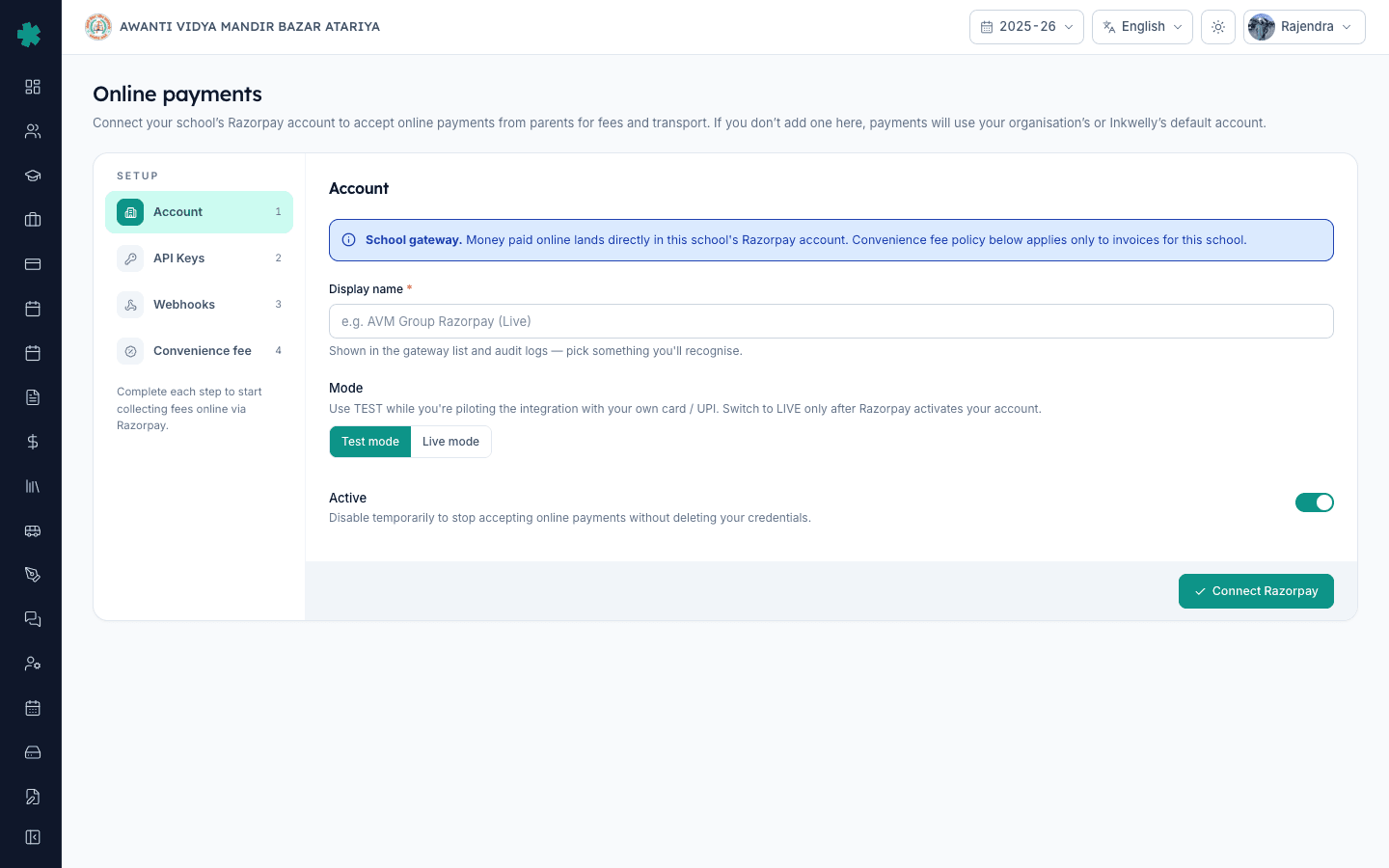 Account section of Inkwelly Online payments showing display name, Test or Live mode picker, and Active toggle