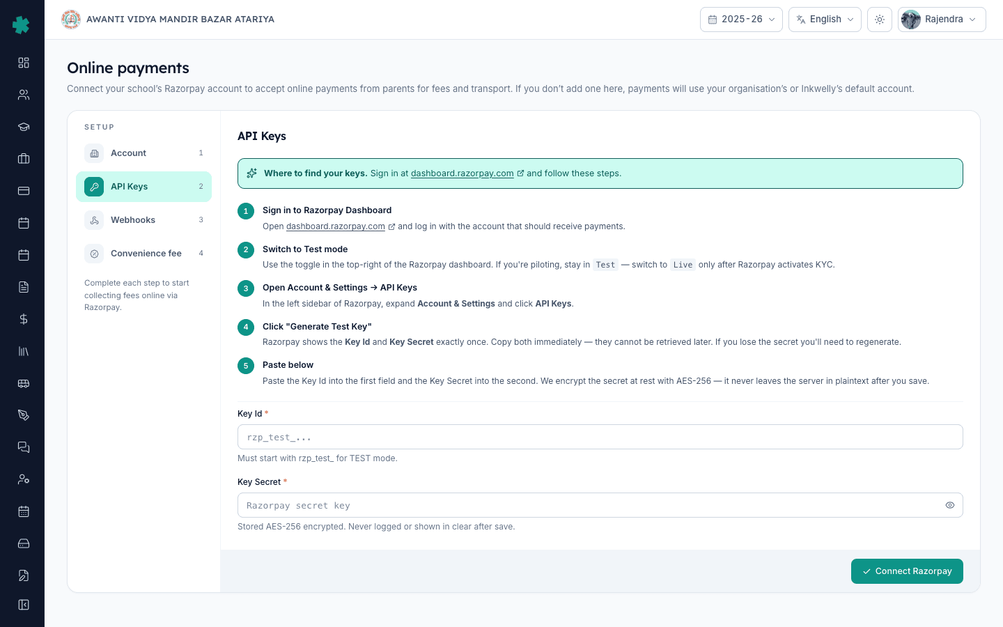 API Keys section in Inkwelly Online payments with empty Key Id and Key Secret fields and a five-step Razorpay dashboard guide