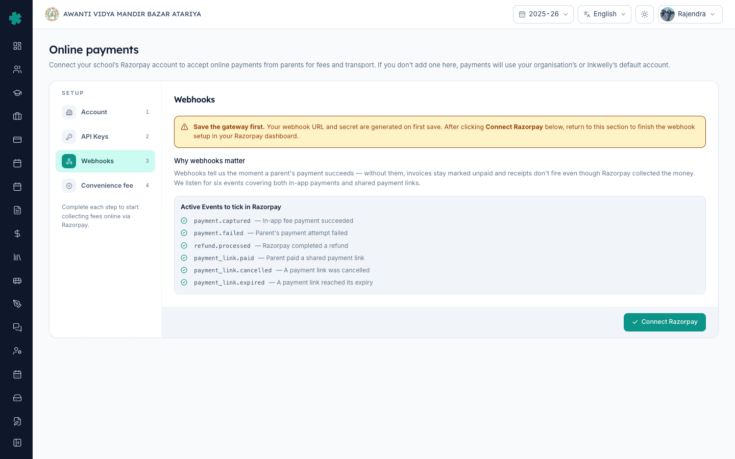 Webhooks section in Inkwelly Online payments listing the six Razorpay events to tick during webhook setup
